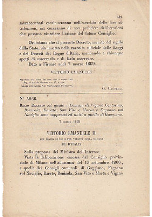 REGIO DECRETO VIGANò CERTOSINO  BINAROLA BARATE FAGNANO GAGGIANO - 1869  D'EPOCA
