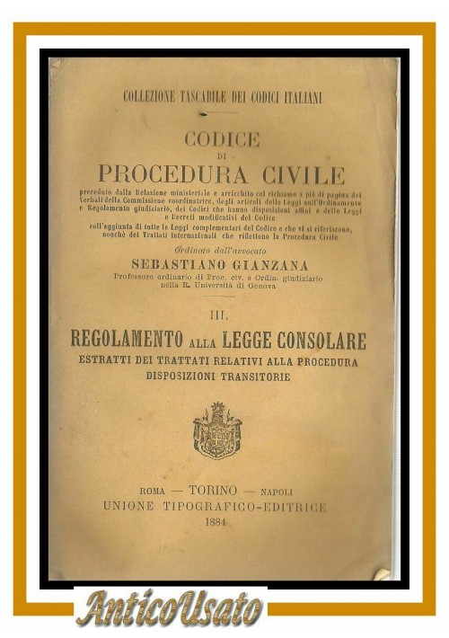 REGOLAMENTO ALLA LEGGE CONSOLARE di Gianzana 1884 Libro Antico Diritto UTET