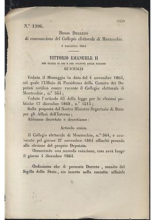 Regio Decreto 1864 CONVOCAZIONE DEL COLLEGIO ELETTORALE DI MONTECCHIO