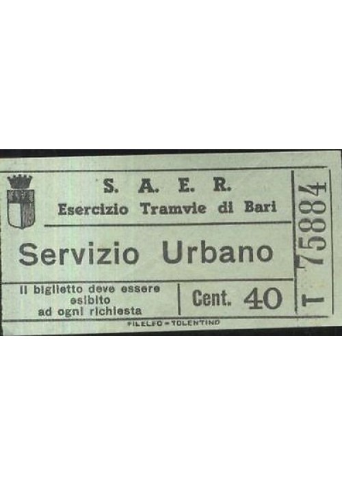 SAER Esercizio Tramvie di Bari Biglietto Tram Servizio Urbano cent 40 Anni '50