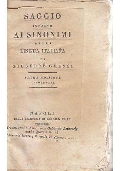 SAGGIO INTORNO AI SINONIMI DELLA LINGUA ITALIANA di Giuseppe Grassi 1824 Reale