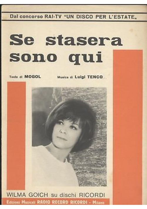 SE STASERA SONO QUI di Wilma Goich spartito canto mandolino fisarmonica 1967 