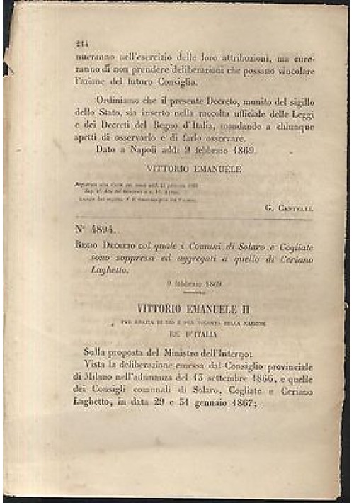 SOLARO COGLIATE soppressi - REGIO DECRETO - 1869 -  CERIANO LAGHETTO ORIGINALE