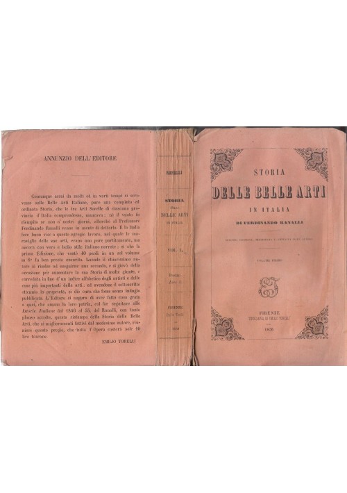 STORIA DELLE BELLE ARTI IN ITALIA Volume 1 di Ferdinando Ranalli 1856 Libro
