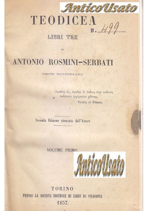 TEODICEA Antonio Rosmini Serbati 1857 libri 3 in 2 volumi Soc Ed libri filosofia