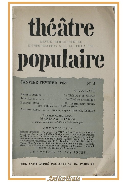 THEATRE POPULAIRE Numero 5 1954 Garcia Lorca Mariana Pineda Rivista Barthes