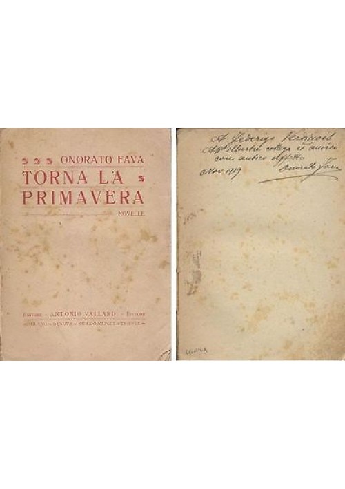 TORNA LA PRIMAVERA novelle di Onorato Fava AUTOGRAFATO Verdinois Vallardi 1919
