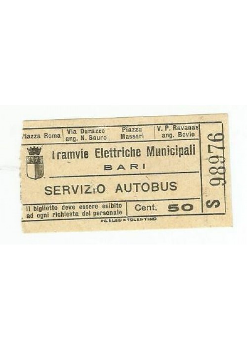 TRAMVIE ELETTRICHE MUNICIPALI - BARI - BIGLIETTO AUTOBUS servizio urbano cent.50