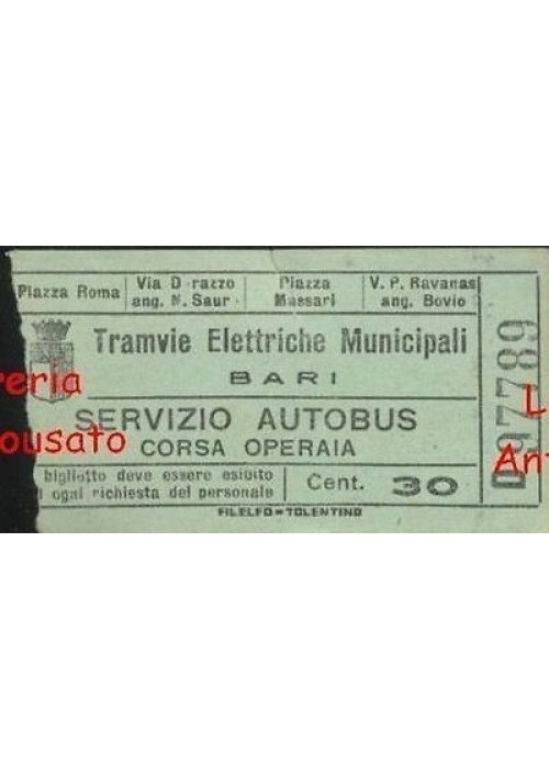 TRAMVIE ELETTRICHE MUNICIPALI BARI BIGLIETTO TRAM PRIMO DOPOGUERRA? cent.30