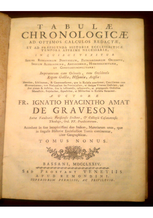 Tabulae Chronologicae historiae ecclesiasticae Tom 9 1774 Remondini libro Antico