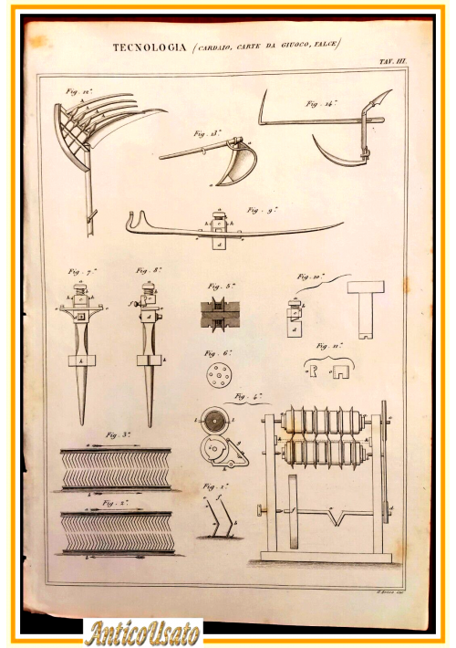 Tecnologia CARDAIO CARTE DA GIOCO FALCE Tavola  Incisione Stampa Antica  1866