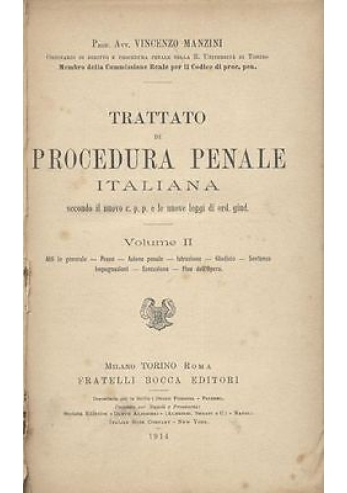Trattato Di Procedura Penale Italiana volume II di Vincenzo Manzini  1914 Libro 