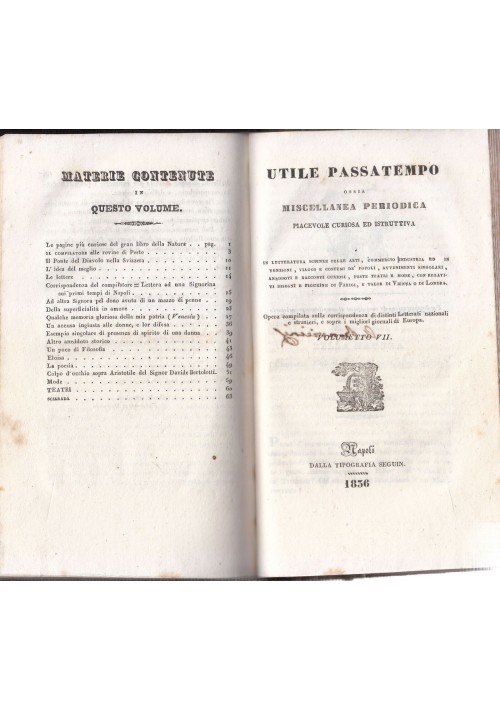 UTILE PASSATEMPO OSSIA MISCELLANEA PERIODICA 1834 7 Numeri Volumetto Libro Antic