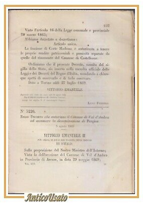 VAL D'AMBRA denominazione PERGINE - REGIO DECRETO 1869 originale d'epoca antico