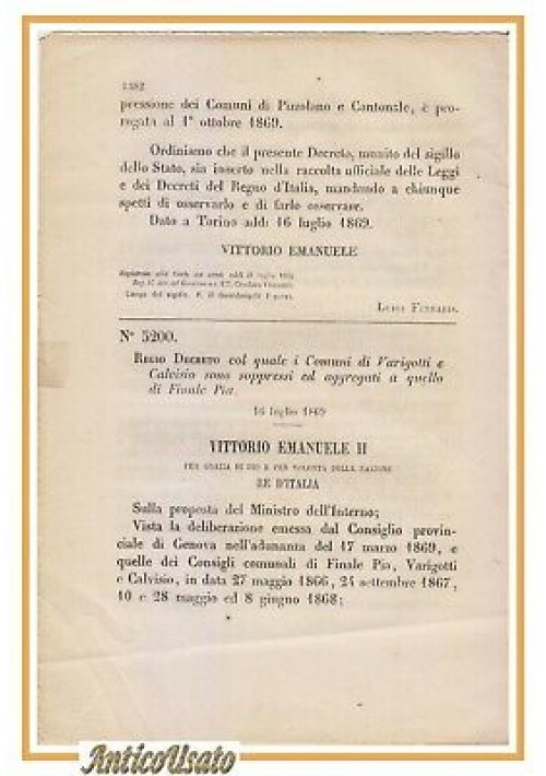VARIGOTTI CALVISIO soppressi FINALE PIA - REGIO DECRETO 1869 originale d'epoca
