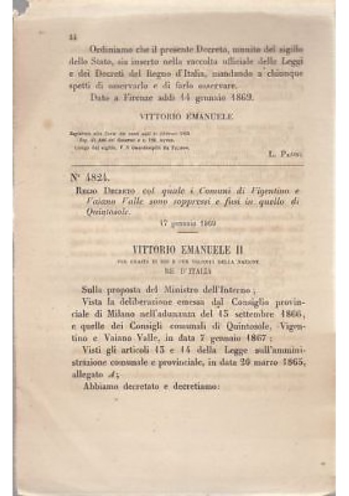 VIGENTINO VAIANO VALLE soppressi REGIO DECRETO 1869 QUINTOSOLE originale antico