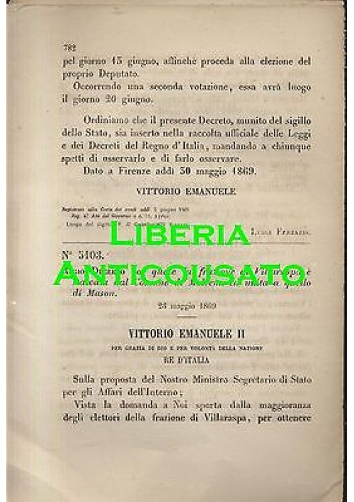 VILLARASPA STACCATA DAL COMUNE DI  MOVENA UNITO MASON - REGIO DECRETO 1869 -  originale d'epoca