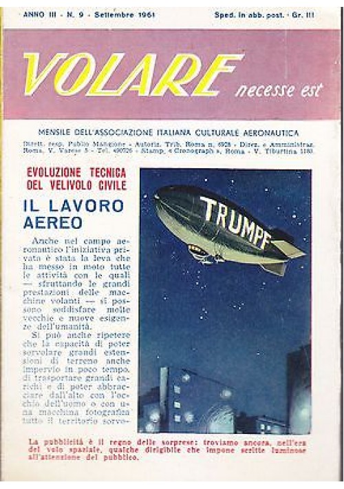 VOLARE NECESSE EST ANNO III N 9 settembre 1961 Associazione Italiana aeronautica